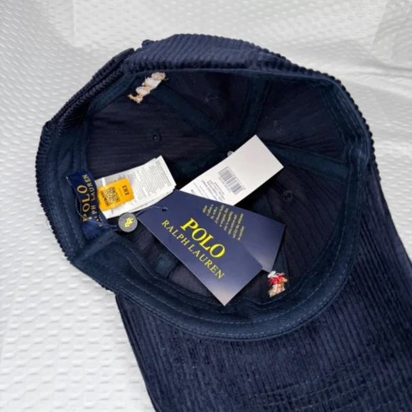 AUTHENTIC POLO RALPH LAUREN CORDUROY CAP NAVY BLUE UNISEX ONE SIZE M/L VINTAGE - Picture 5 of 5